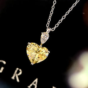 Silver Heart Necklace Chain Yellow Zircon Pink Pendant Short Charms Jewelry