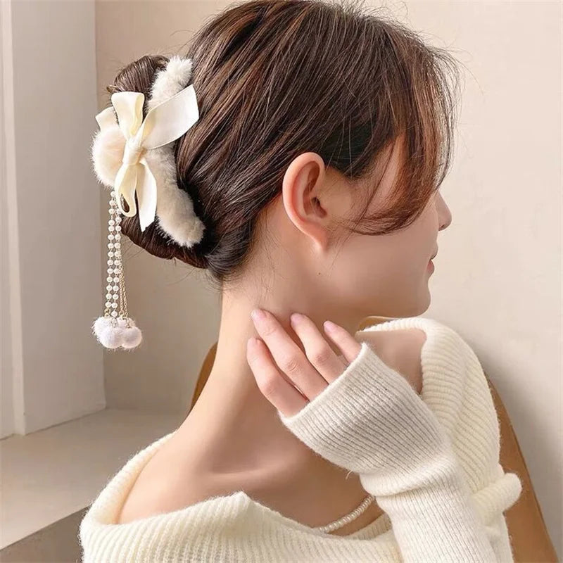 Bow Knot Hair Ball Pendant Plush Tassel Hair Clip Sweet Autumn Winter