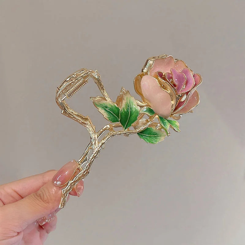 Metal Leaf Rose HairClip Women Temperament Back Of Head Dish Hair