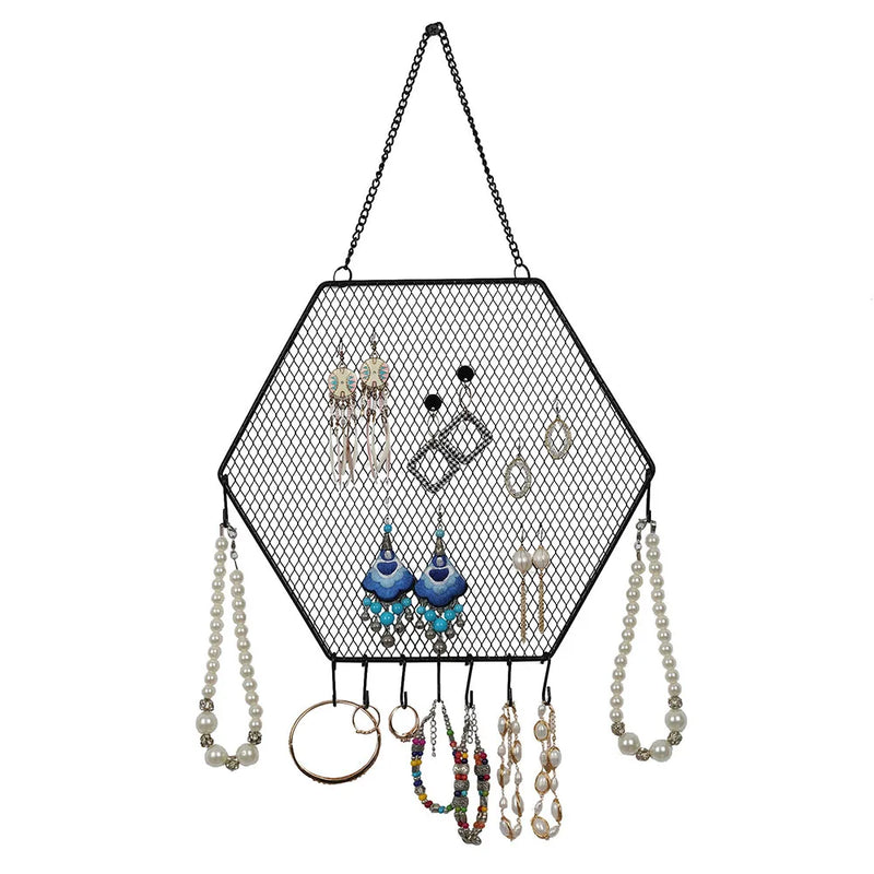 Wall-Mounted Grid Jewelry Display Stand Metal Shelf Necklace Ring Holder