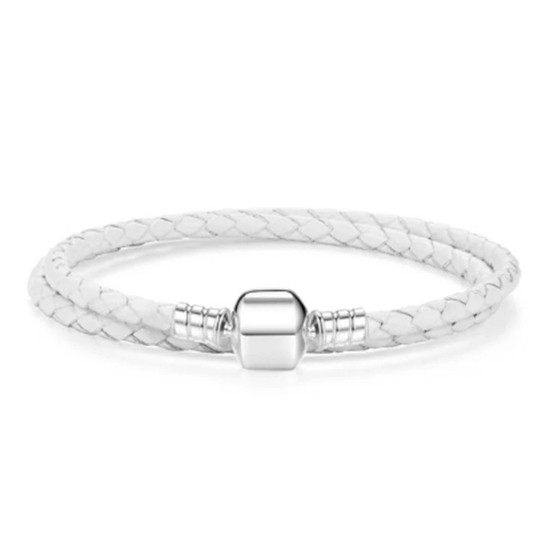 Sterling Silver Beads Double Woven Leather Bracelet with Logo Charm