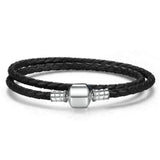 Sterling Silver Beads Double Woven Leather Bracelet with Logo Charm