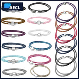 Sterling Silver Beads Double Woven Leather Bracelet with Logo Charm