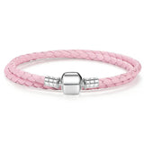 Sterling Silver Beads Double Woven Leather Bracelet with Logo Charm