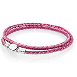 Sterling Silver Beads Double Woven Leather Bracelet with Logo Charm