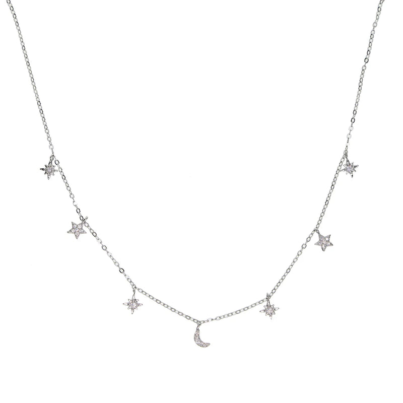 925 Silver CZ Star Moon Pendant Multilayer Choker Delicate Necklace