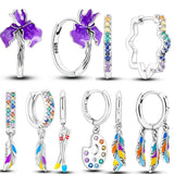 925 Silver Flower Feather Hoop Earrings Zircon Women Jewelry Gift