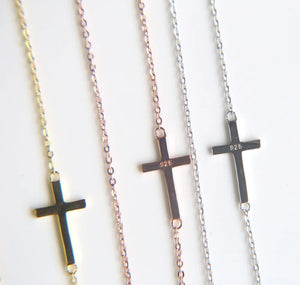 925 Sterling Silver Tiny Sideway Cross Necklace Chain Jewelry