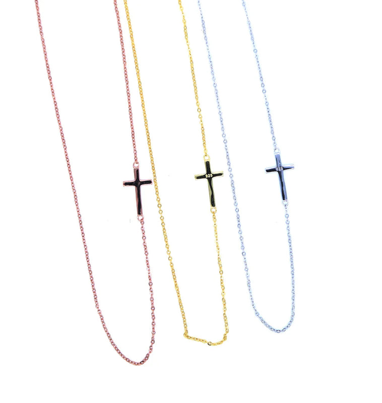 925 Sterling Silver Tiny Sideway Cross Necklace Chain Jewelry