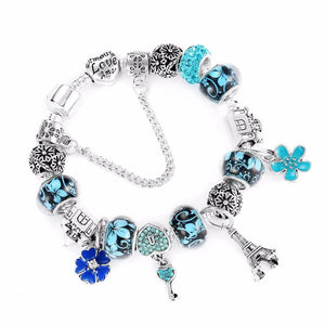 Vintage Eiffel Tower Pendant Charm Bracelet Crystal Flower Bead Bangle