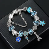 Vintage Eiffel Tower Pendant Charm Bracelet Crystal Flower Bead Bangle