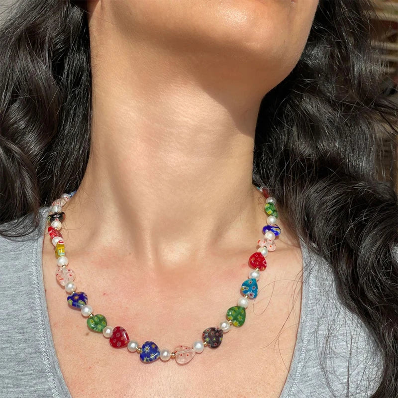 Bohemia Nature Pearl Necklace Women Heart Beads Choker Necklace
