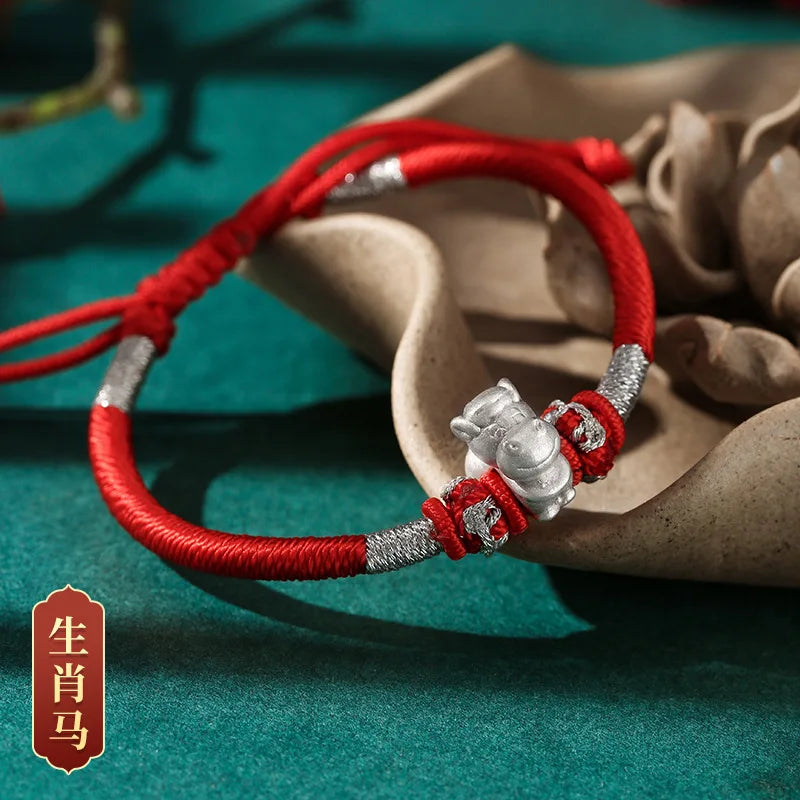Chinese Zodiac Silver Bracelet Red Rope - Cattle Dog Sheep Rabbit Snake