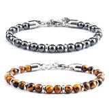 6mm Tiger Eye Hematite Beaded Bracelet Stainless Steel Chain Adjustable