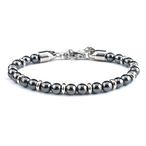 6mm Tiger Eye Hematite Beaded Bracelet Stainless Steel Chain Adjustable