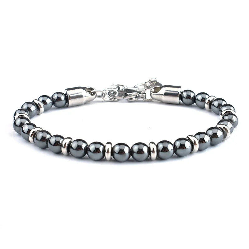 6mm Tiger Eye Hematite Beaded Bracelet Stainless Steel Chain Adjustable