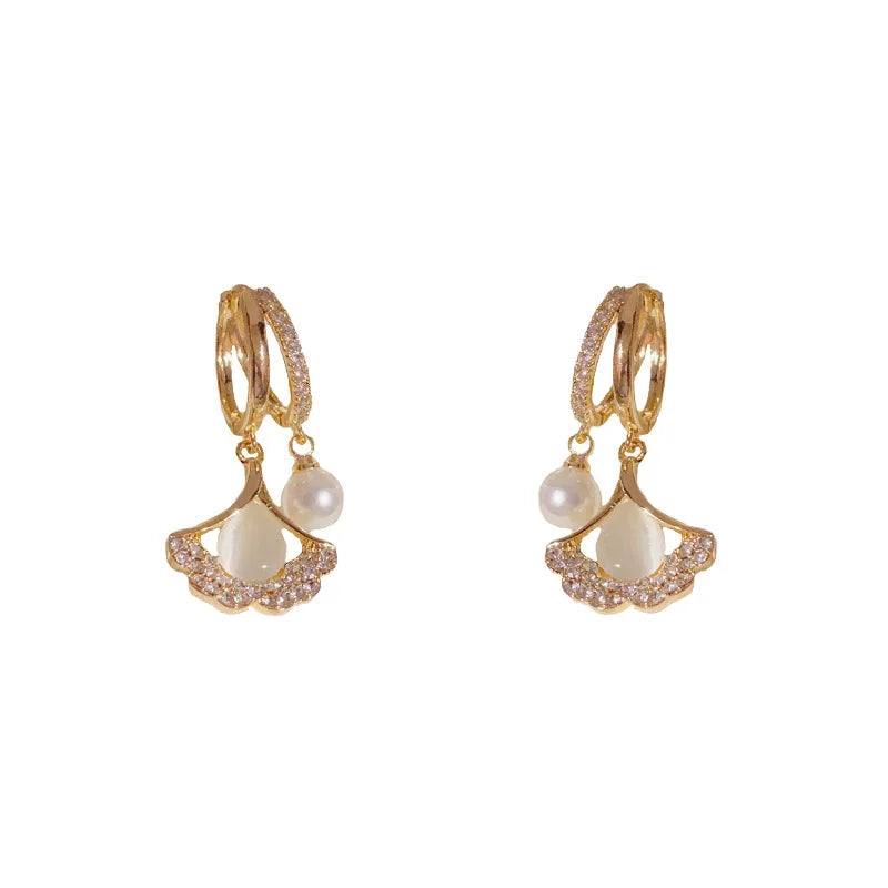 Opal Leaf Dangle Earrings Copper Zircon Pearl Drop Jewelry