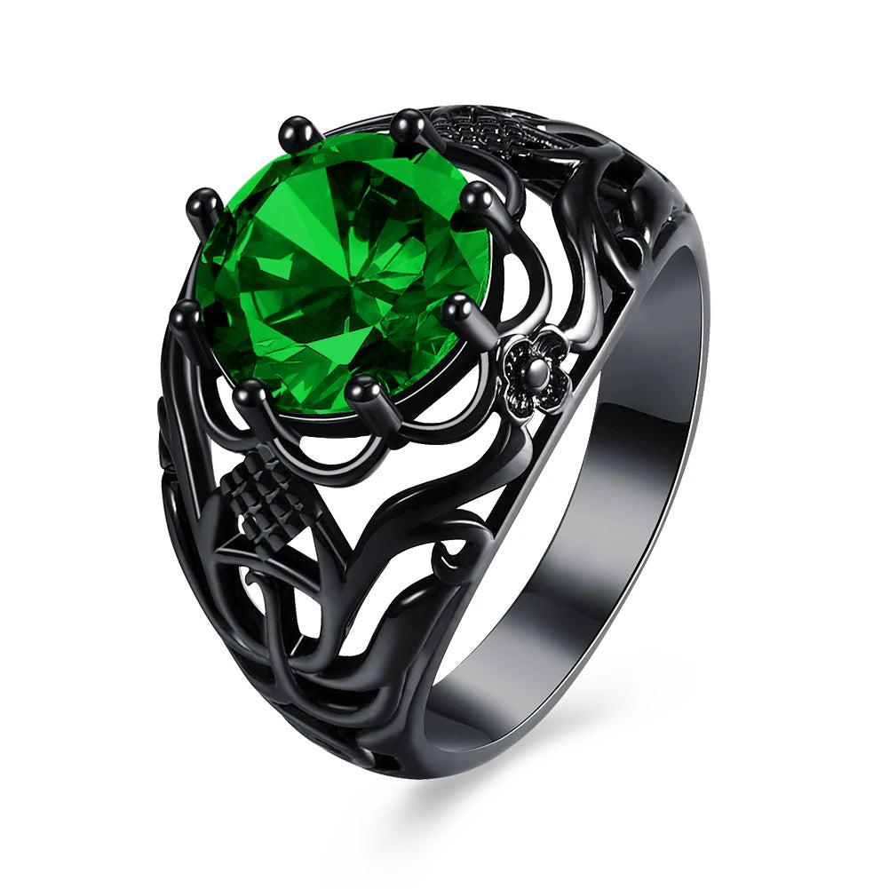 Green CZ Silver Carved Ring for Women Size 5-12