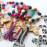 Cow Beads Leather Tassel Wood Bracelet Western Denim Cow Print Keychain