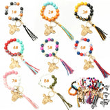 Cow Beads Leather Tassel Wood Bracelet Western Denim Cow Print Keychain