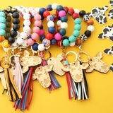 Cow Beads Leather Tassel Wood Bracelet Western Denim Cow Print Keychain