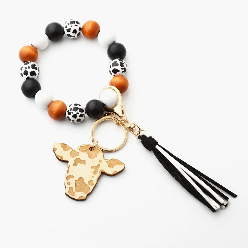 Cow Beads Leather Tassel Wood Bracelet Western Denim Cow Print Keychain