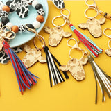 Cow Beads Leather Tassel Wood Bracelet Western Denim Cow Print Keychain