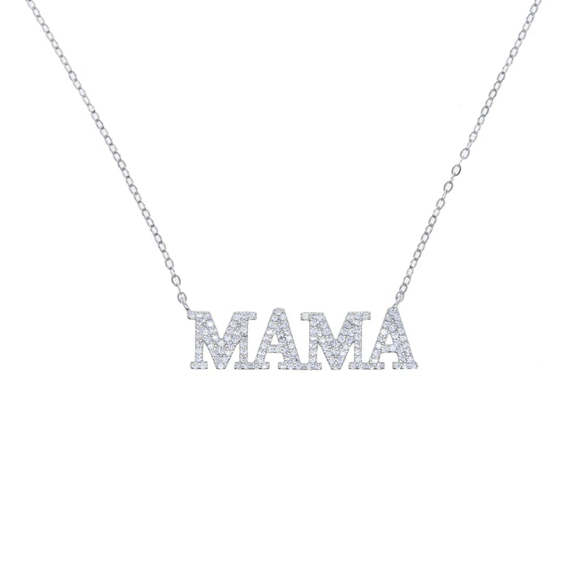 925 Silver CZ MAMA Charm Necklace for Mom - Mother's Gift