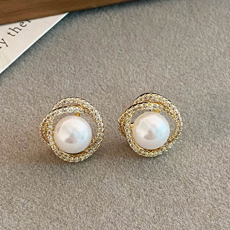 Geometric Spiral Pearl Earrings for Women
