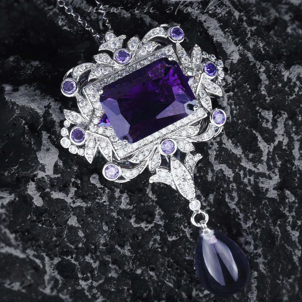 French Vintage Water Drop Necklace 925 Silver Amethyst Pendant