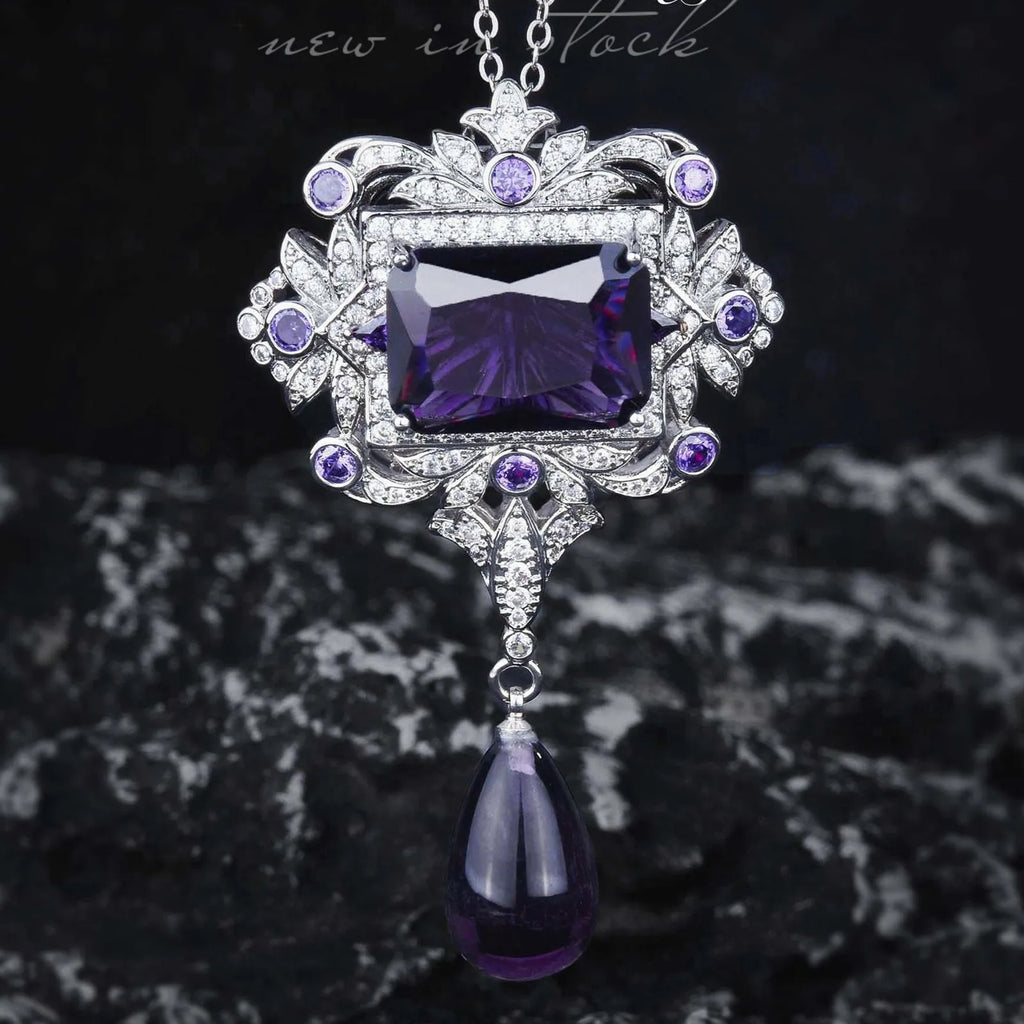 French Vintage Water Drop Necklace 925 Silver Amethyst Pendant