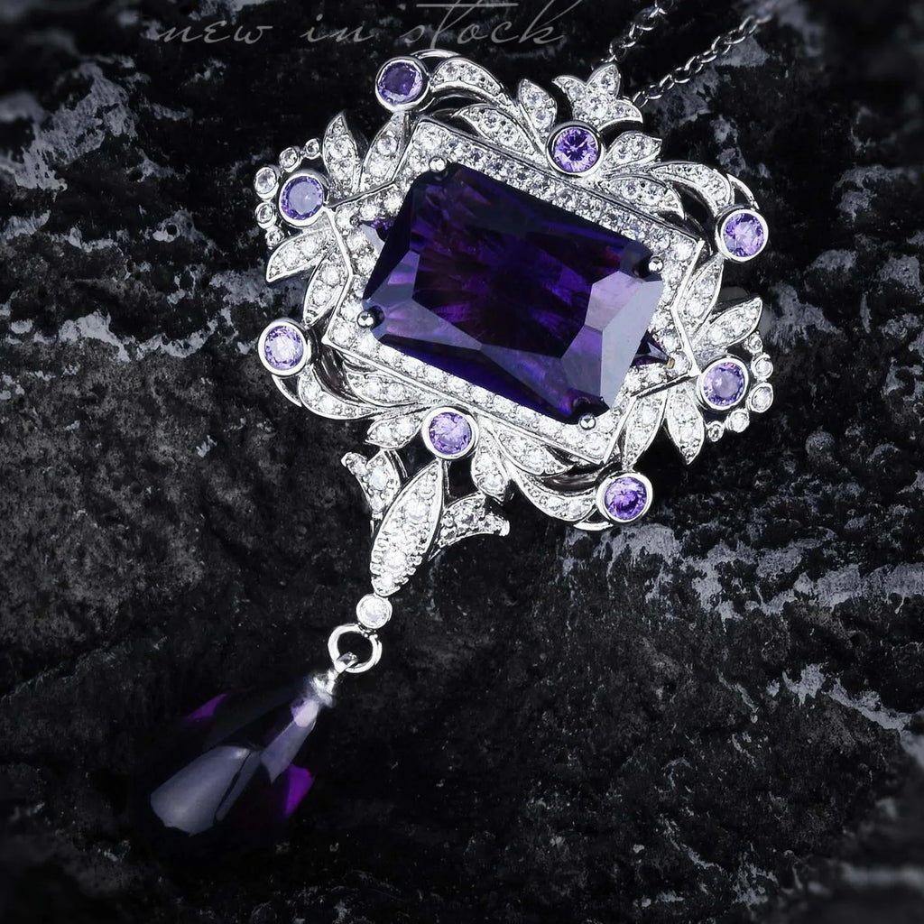 French Vintage Water Drop Necklace 925 Silver Amethyst Pendant
