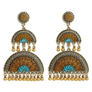 Ethnic Retro Geometric Jhumka Earrings Simulate Pearl Beads Bell Tassel
