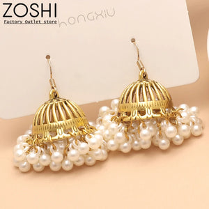 Ethnic Retro Geometric Jhumka Earrings Simulate Pearl Beads Bell Tassel