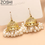 Ethnic Retro Geometric Jhumka Earrings Simulate Pearl Beads Bell Tassel