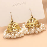 Ethnic Retro Geometric Jhumka Earrings Simulate Pearl Beads Bell Tassel