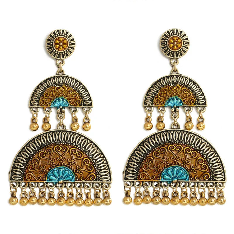 Ethnic Retro Geometric Jhumka Earrings Simulate Pearl Beads Bell Tassel