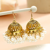 Ethnic Retro Geometric Jhumka Earrings Simulate Pearl Beads Bell Tassel