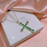 18k Women's Cross Necklace Green Zircon Cross Pendant Necklace