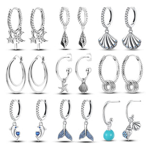 925 Silver Shell Earrings CZ Heart Star Moon Hoop Engagement Jewelry
