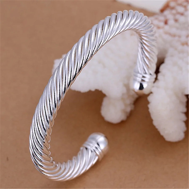 925 Silver Wide Hemp Rope Cuff Bangle Bracelet Gift
