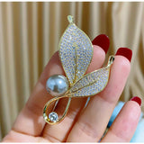 Copper Zircon Leaf Gray Pearl Brooches Pins for Women Suit Jacket Accessories