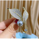 Copper Zircon Leaf Gray Pearl Brooches Pins for Women Suit Jacket Accessories