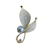 Copper Zircon Leaf Gray Pearl Brooches Pins for Women Suit Jacket Accessories