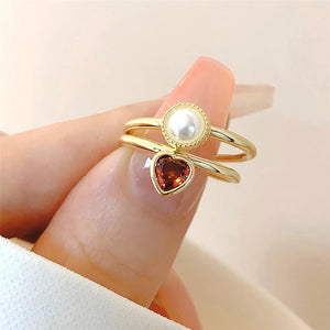 Red Love Zircon Open Ring Pearl French Light Women's Versatile Ring Set