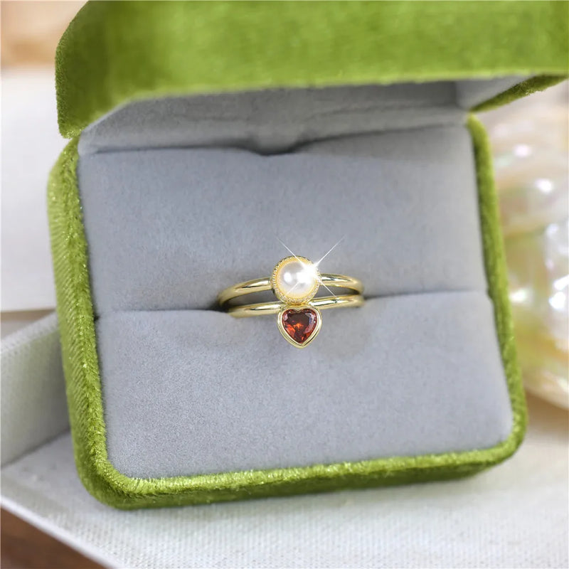Red Love Zircon Open Ring Pearl French Light Women's Versatile Ring Set