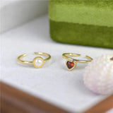 Red Love Zircon Open Ring Pearl French Light Women's Versatile Ring Set