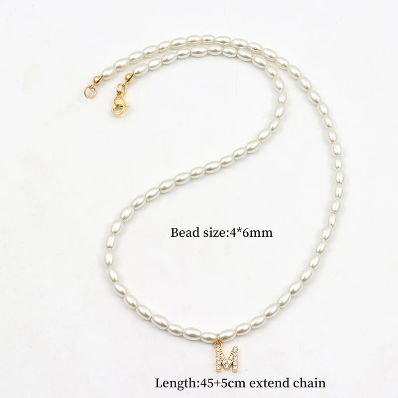 Initial Letter Pendant Necklace Women Rice Pearl Beaded Necklace