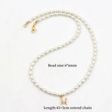 Initial Letter Pendant Necklace Women Rice Pearl Beaded Necklace