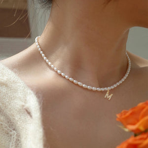 Initial Letter Pendant Necklace Women Rice Pearl Beaded Necklace
